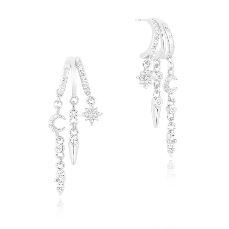 14k Triple Huggie Dangle Earrings Pair in silver