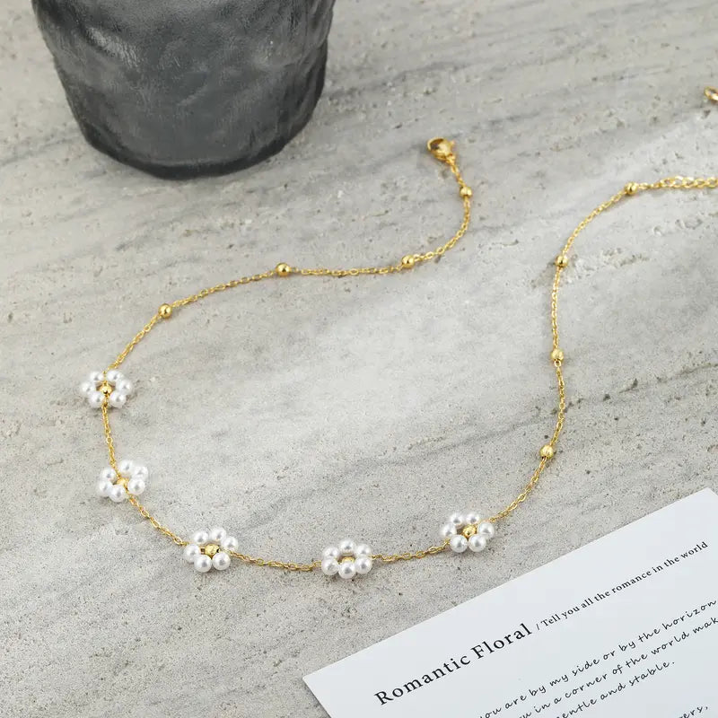14k Pearl Floral Choker Necklace in gold