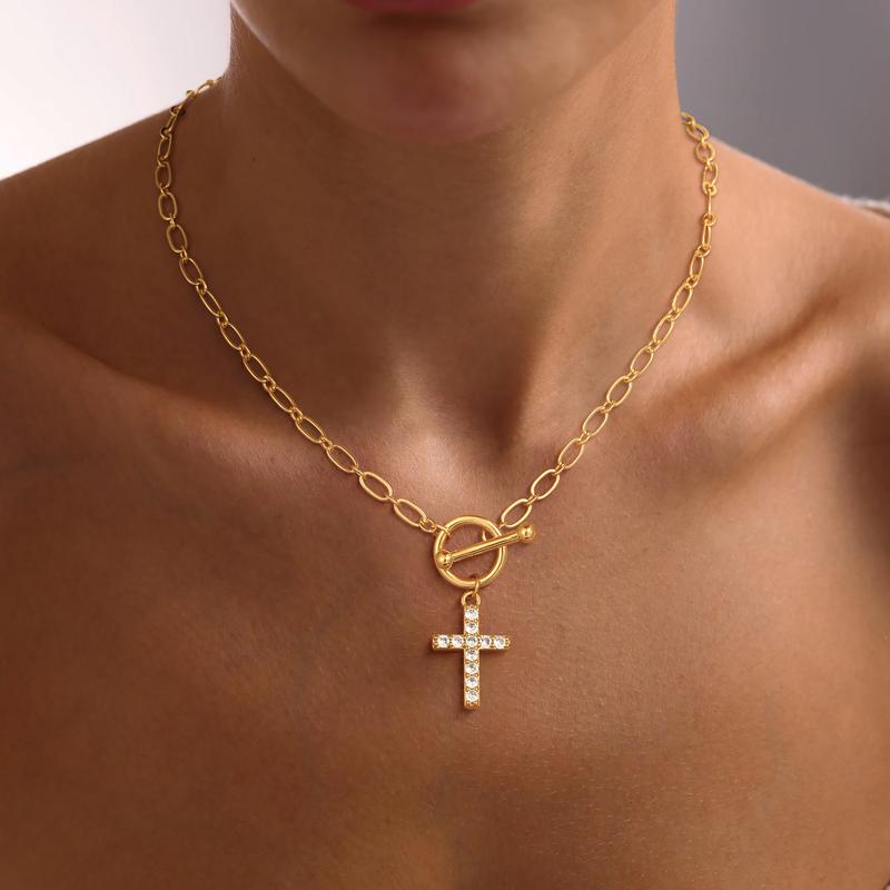 Dainty Diamond Cross Toggle Clasp Necklace
