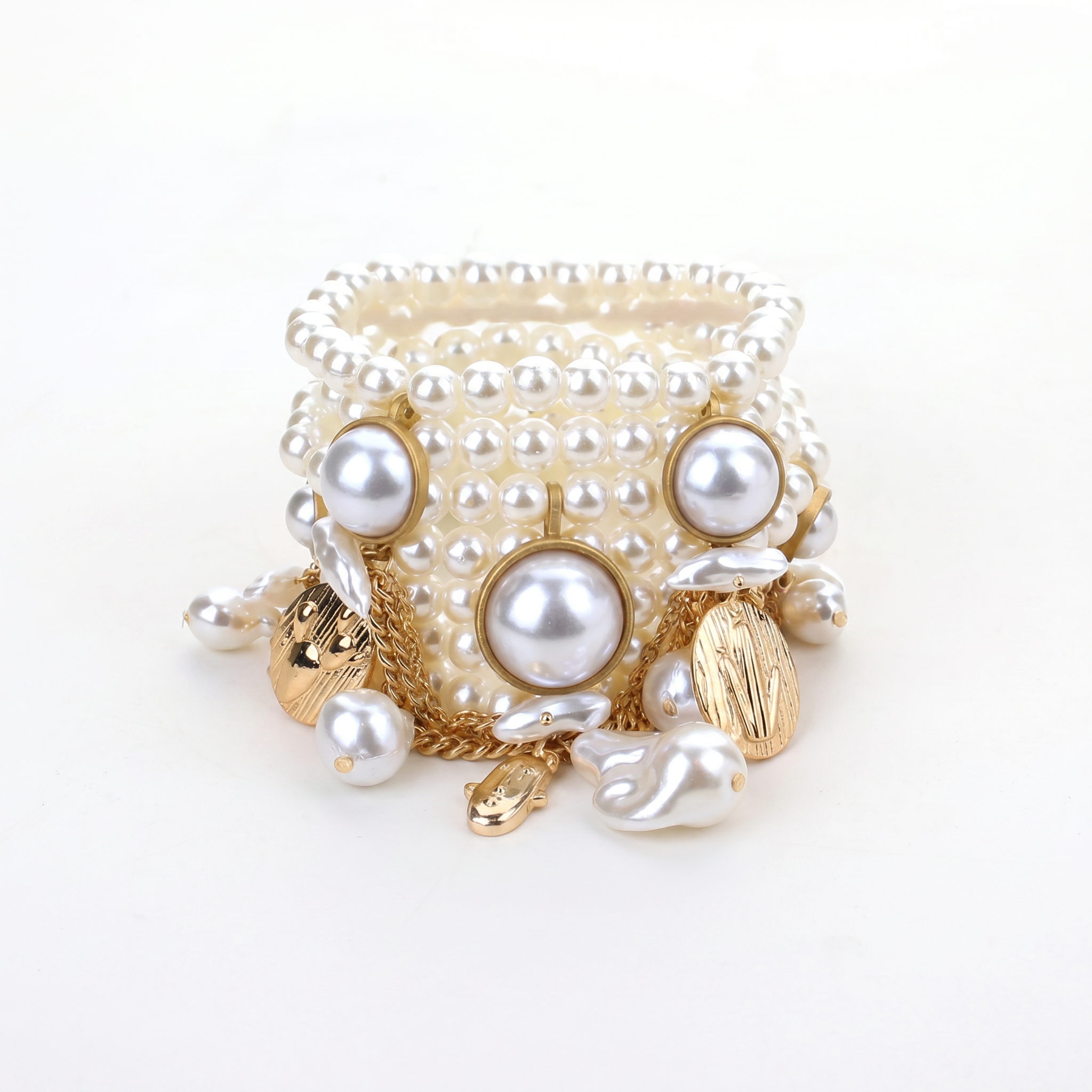 Gold Accented Chunky Pearl Bracelets Stack