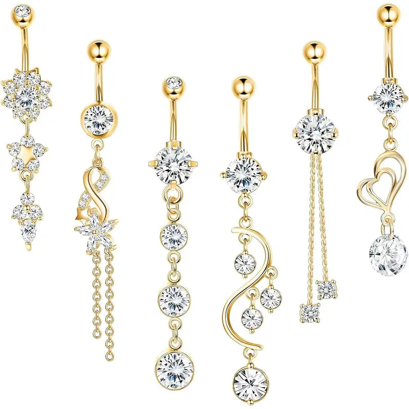 14G 6pc Diamond Accented Belly Button Jewelry in gold 2