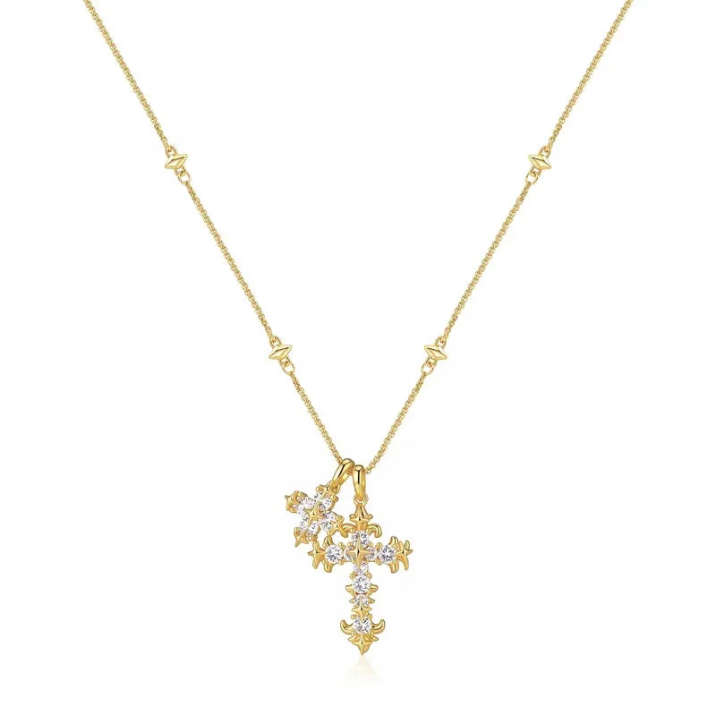 18k Floral Diamond Accented Cross Necklace in gold