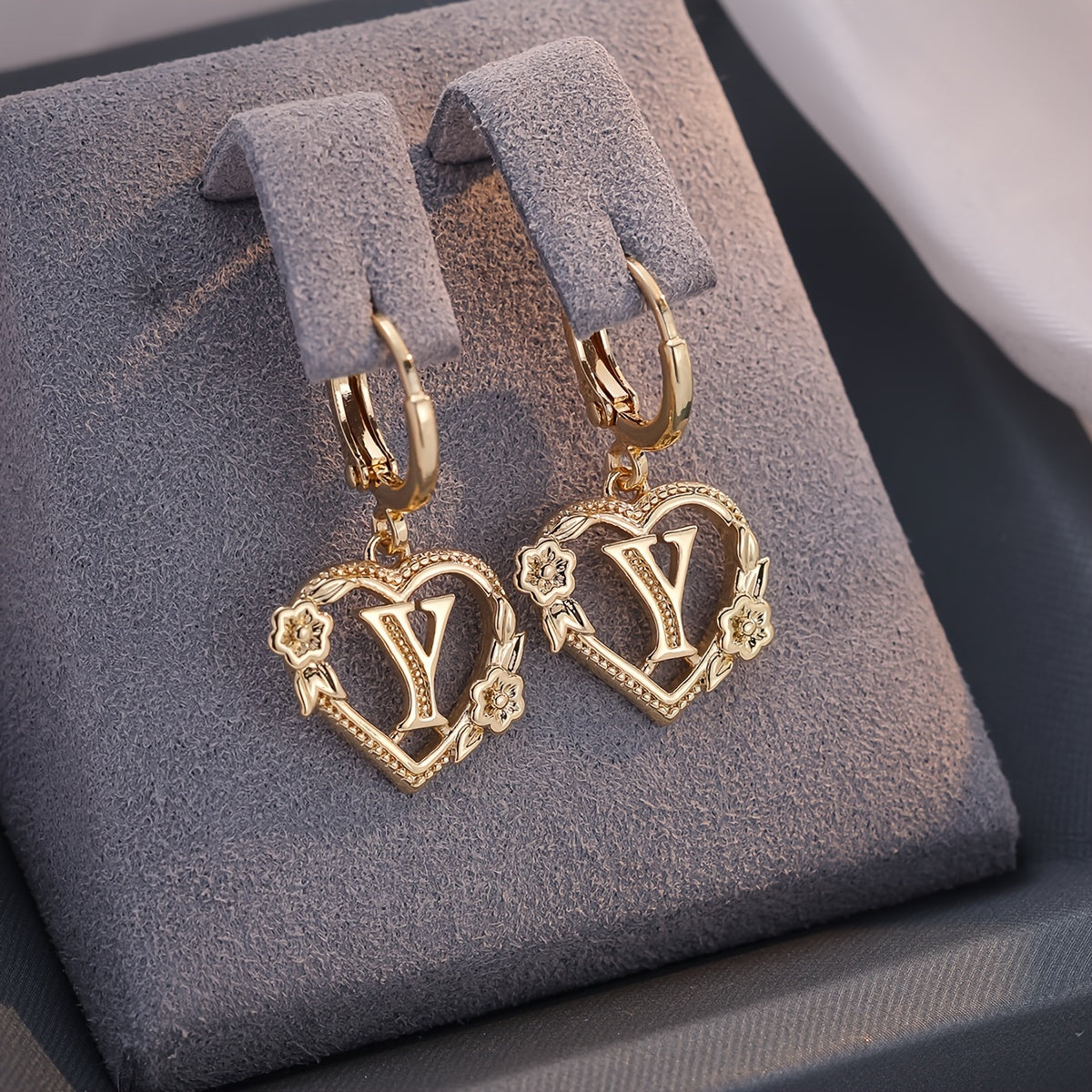 dainty initial letter heart hoop earrings
