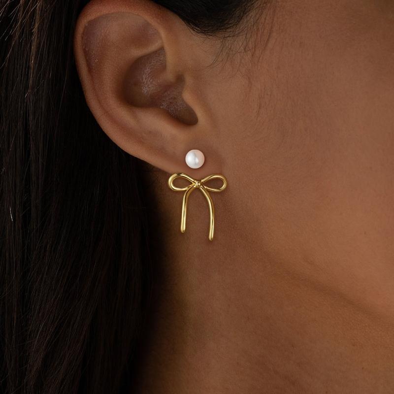 14k Pearl Accented Dangle Bow Earrings