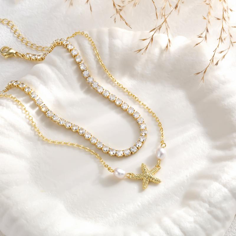 2pc Starfish & Tennis Anklet Set