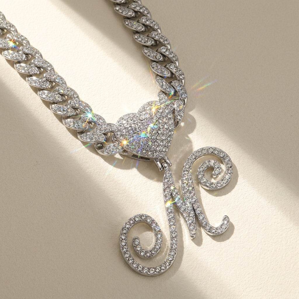 Cursive Diamond Accented Initial Cuban Heart Necklace