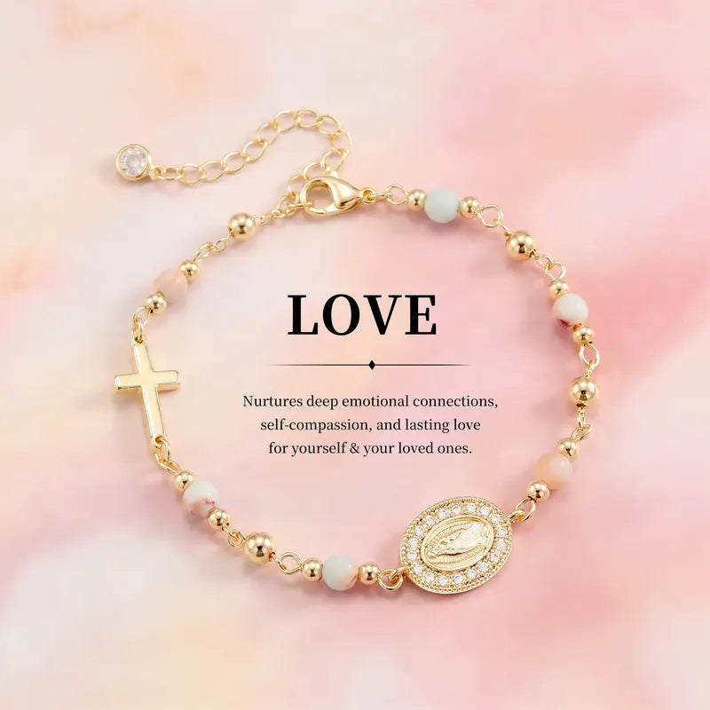 14k Beaded Cross & Virgin Mary Energy Bracelets