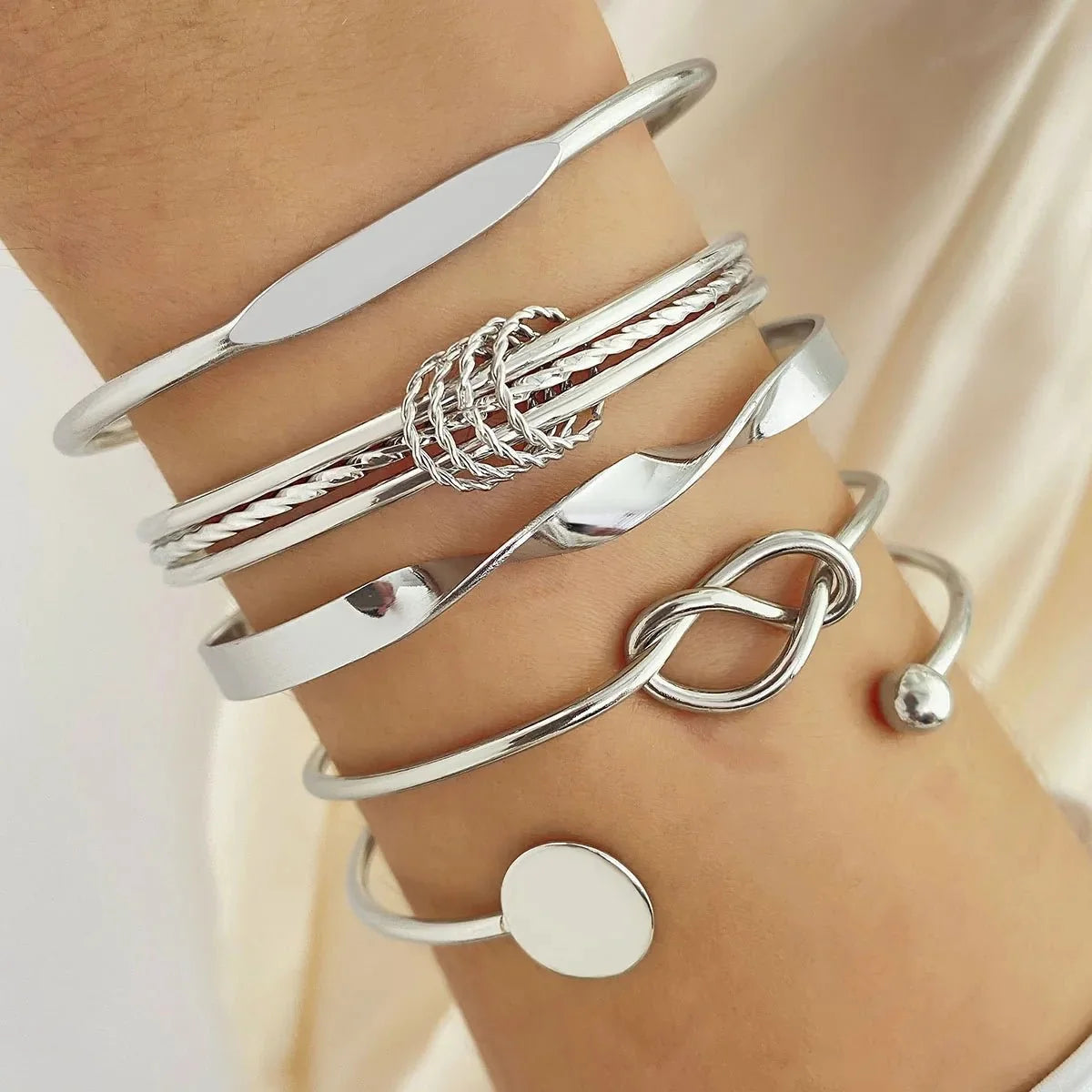 5pcs Twist Bangle Bracelet Stack in silver