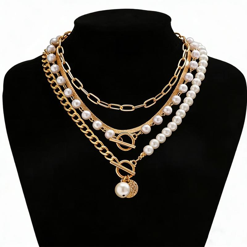 4pc Elegant Pearl Accented Necklace Stack