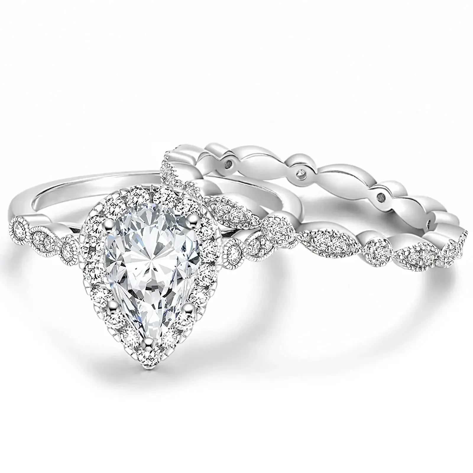 2pc Pear Cut Ring Set in silver