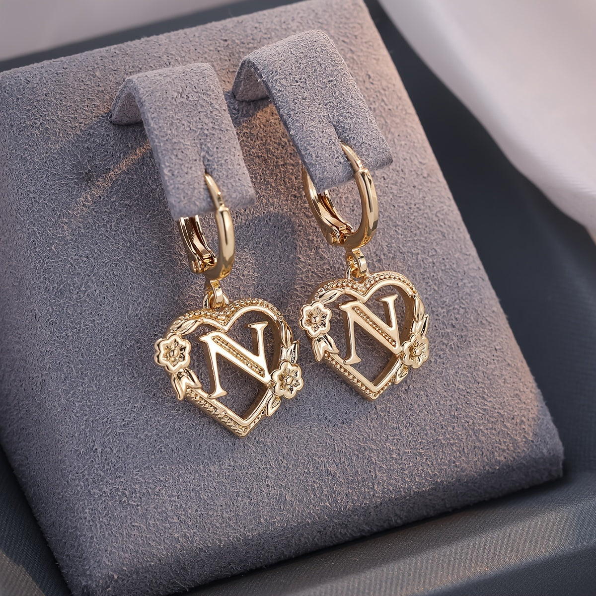 dainty initial letter heart hoop earrings