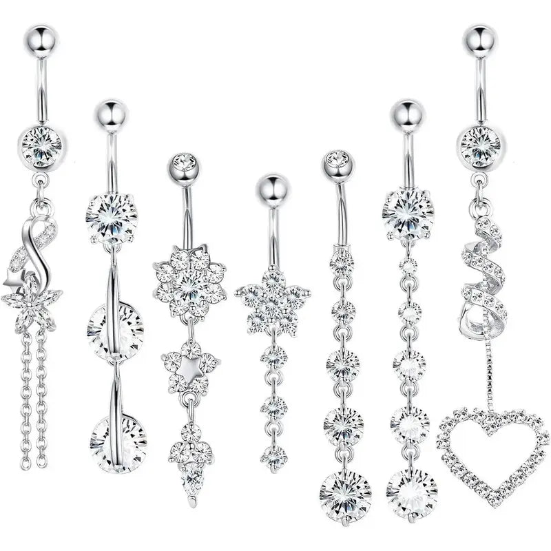 14G 6pc Diamond Accented Belly Button Jewelry in silver