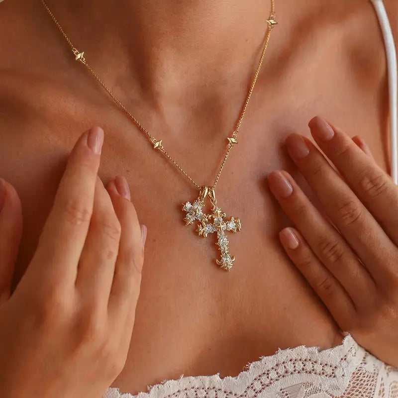 18k Floral Diamond Accented Cross Necklace
