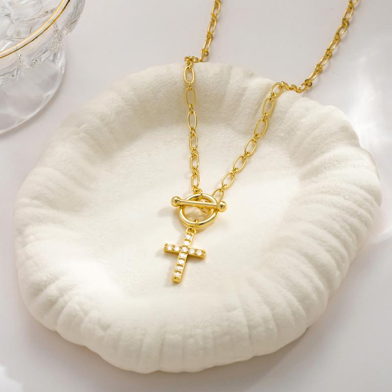 Dainty Diamond Cross Toggle Clasp Necklace