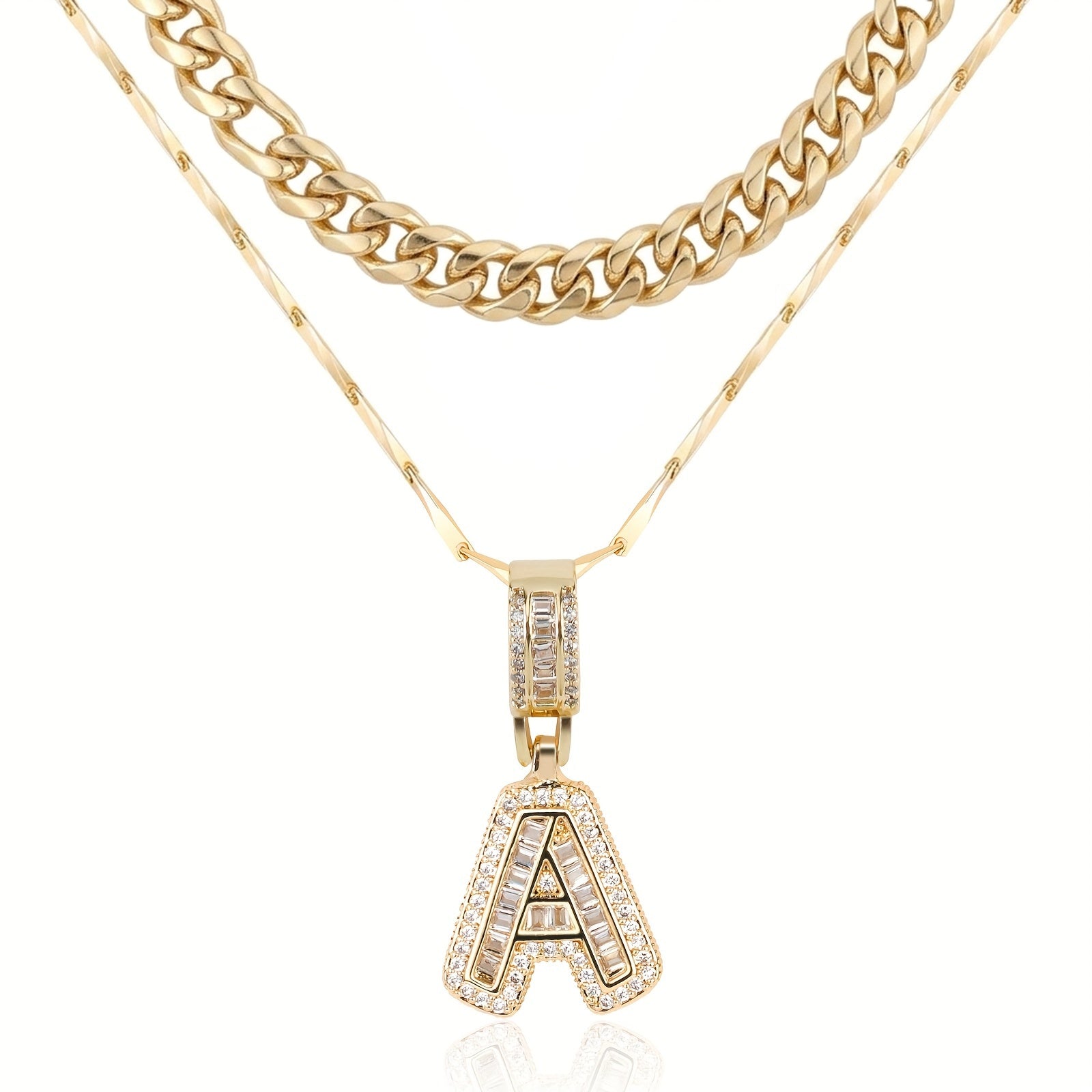 2pc 14k Layered Cuban & Initial Necklaces in gold