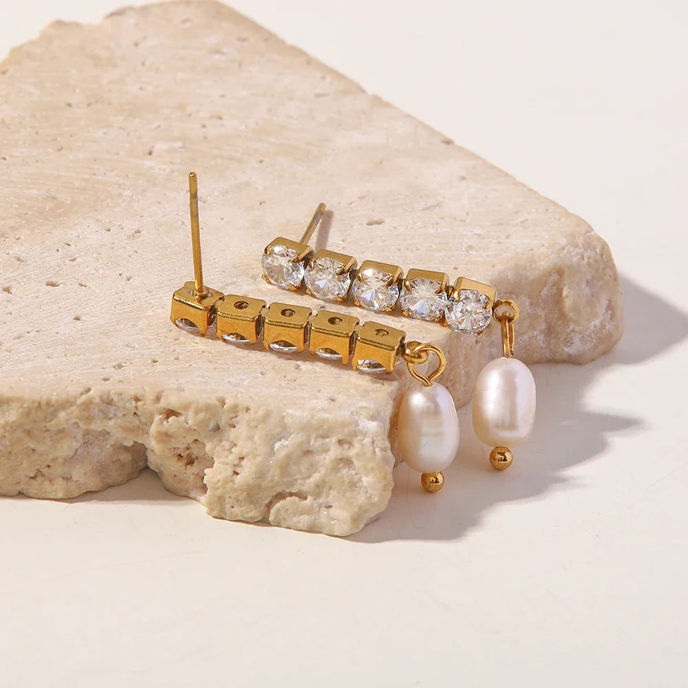18k Dainty Diamond Tassel Pearl Dangle Earrings