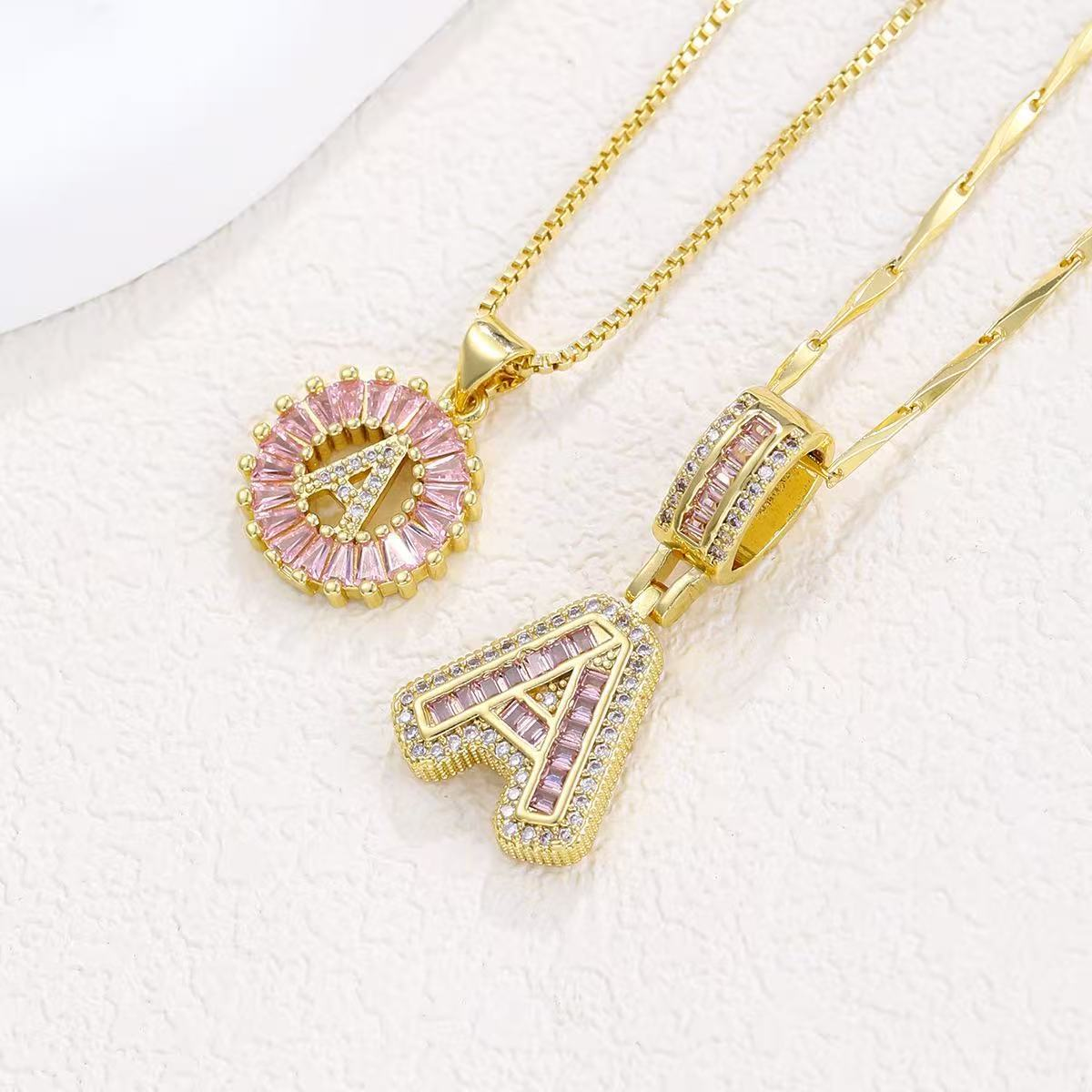 2pc 14k Diamond Letter Initial Necklaces (Limited Pink Edition) in gold