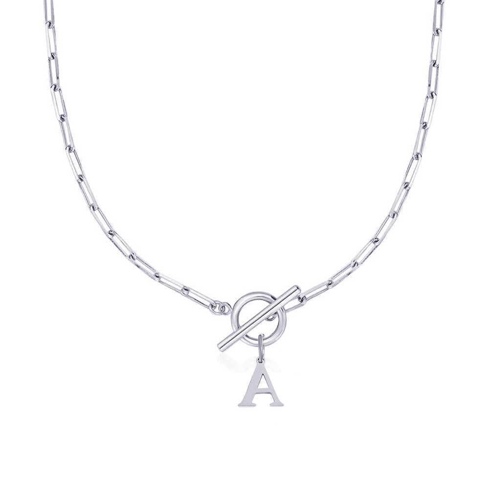 Paperclip Letter Initial Circle Lock Clasp Necklace in silver