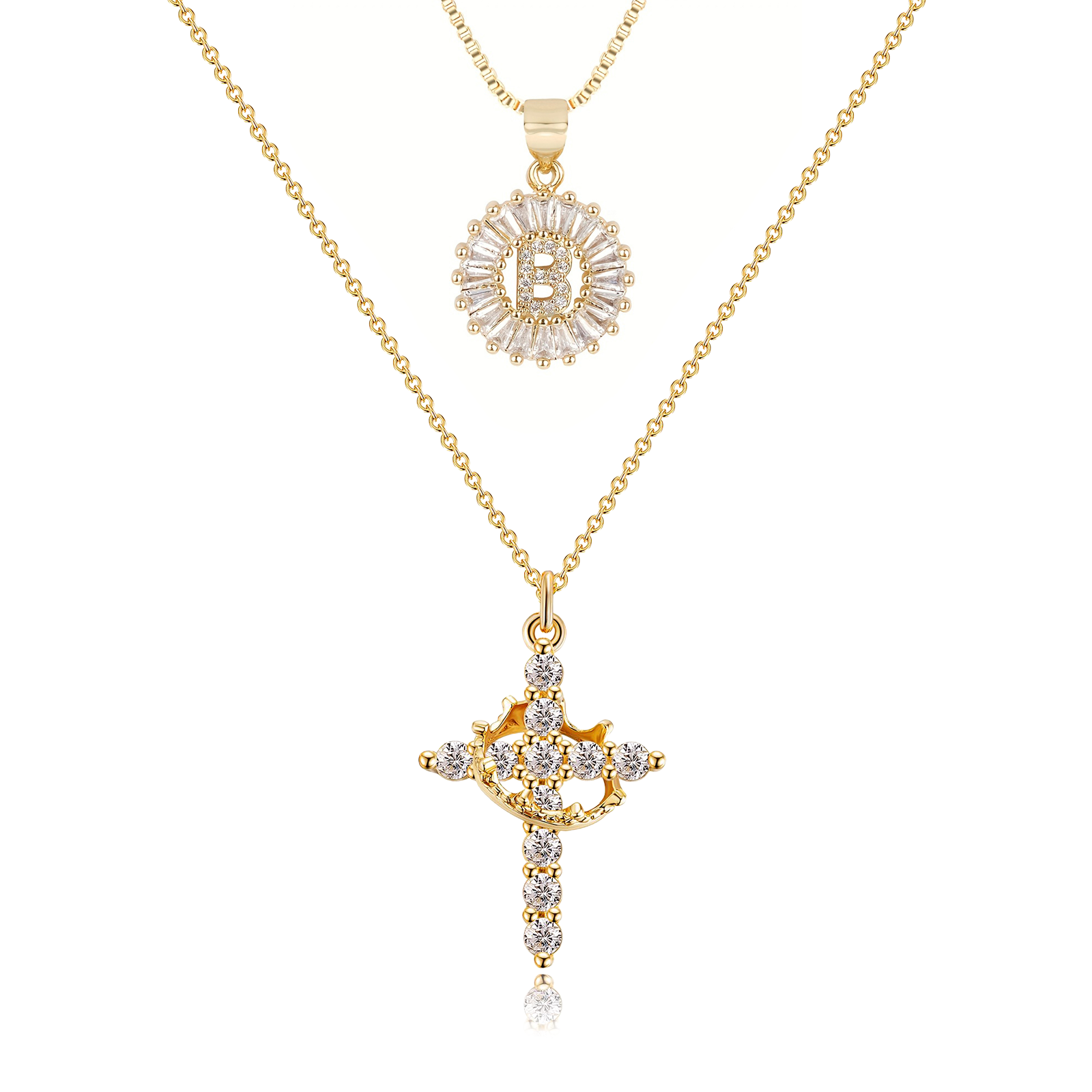 2pc 14k Diamond Cross Crown & Initial Necklace Set