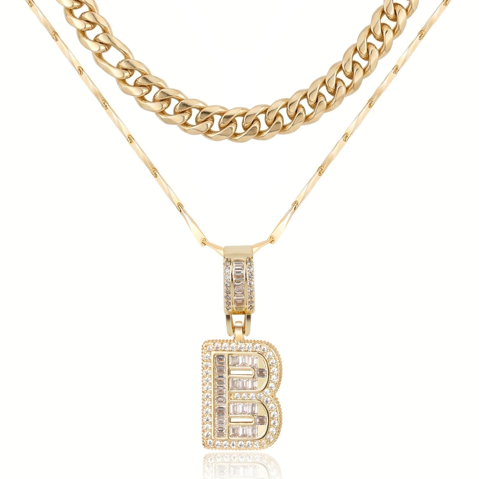 2pc 14k Layered Cuban & Initial Necklaces in gold