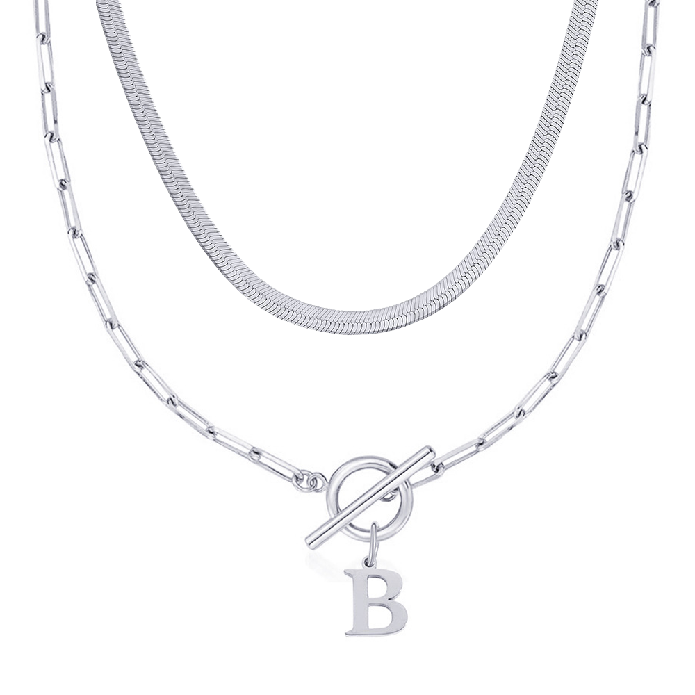 2pc paperclip initial toggle clasp herringbone necklace set