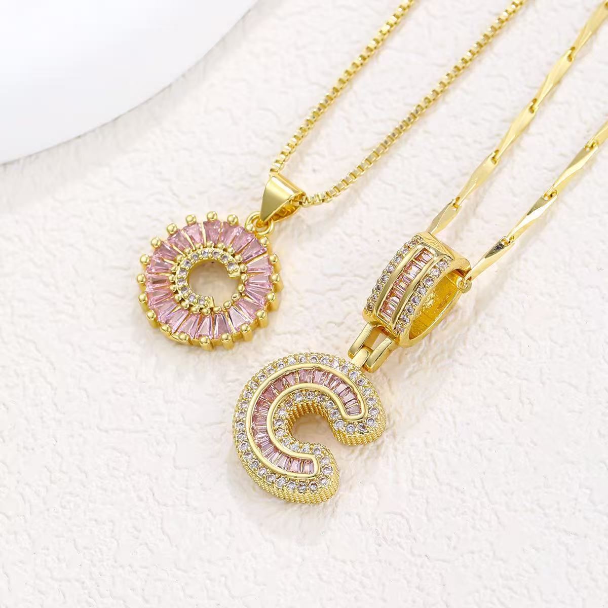 2pc 14k Diamond Letter Initial Necklaces (Limited Pink Edition) in gold