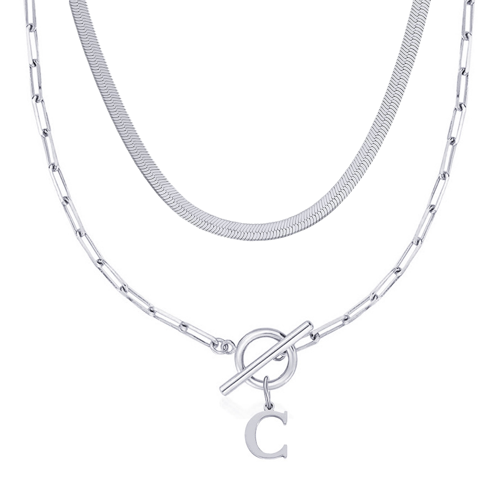 2pc paperclip initial toggle clasp herringbone necklace set