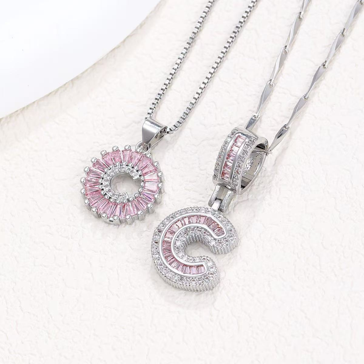 2pc 14k Diamond Letter Initial Necklaces (Limited Pink Edition) in silver