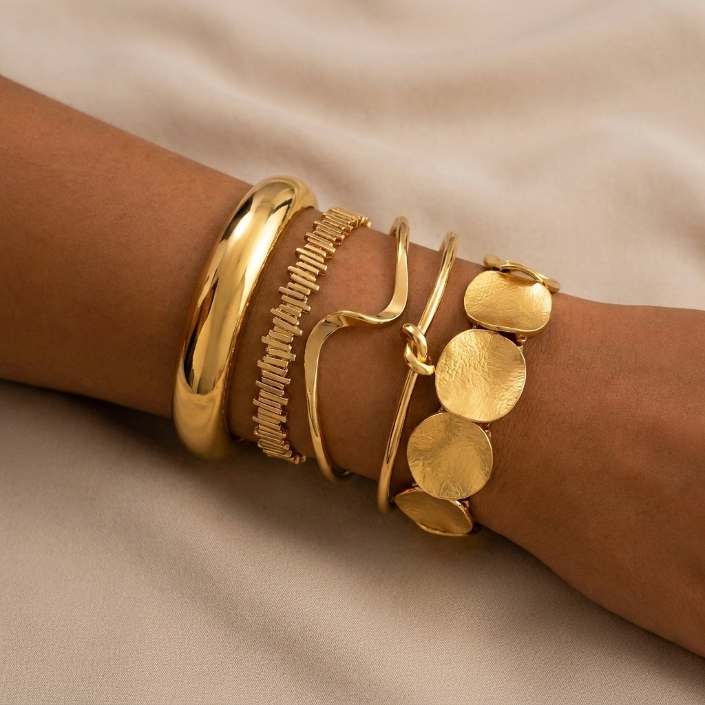 14k 5pc Geometric Boho Bracelet Stack in gold