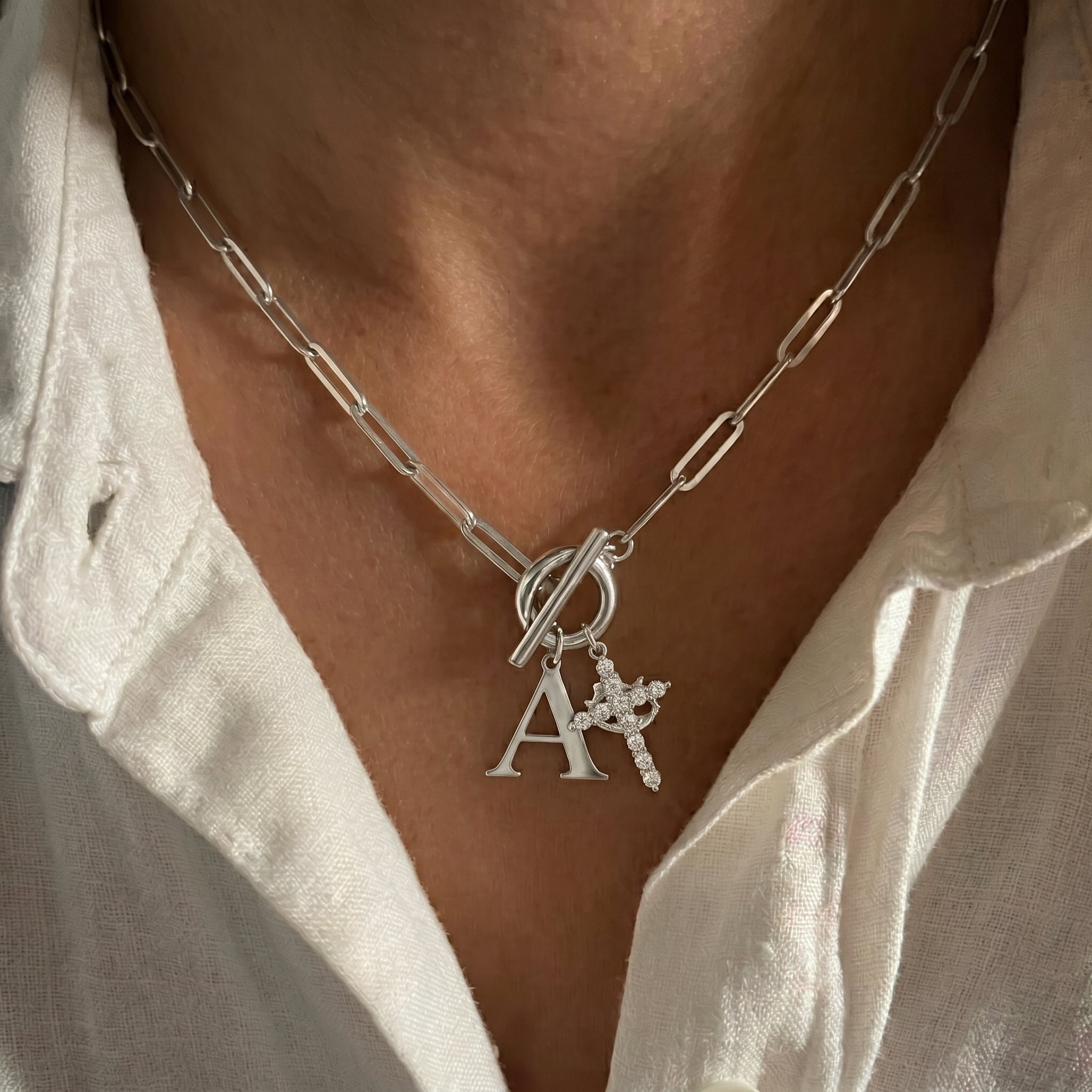 Paperclip Initial & Cross Toggle Clasp Necklace in silver