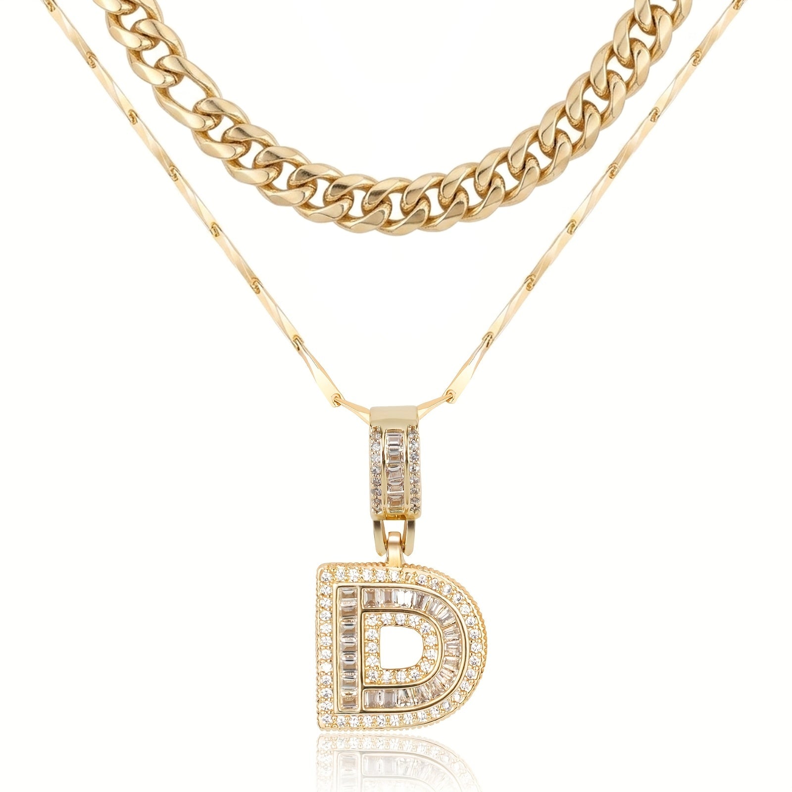 2pc 14k Layered Cuban & Initial Necklaces in gold