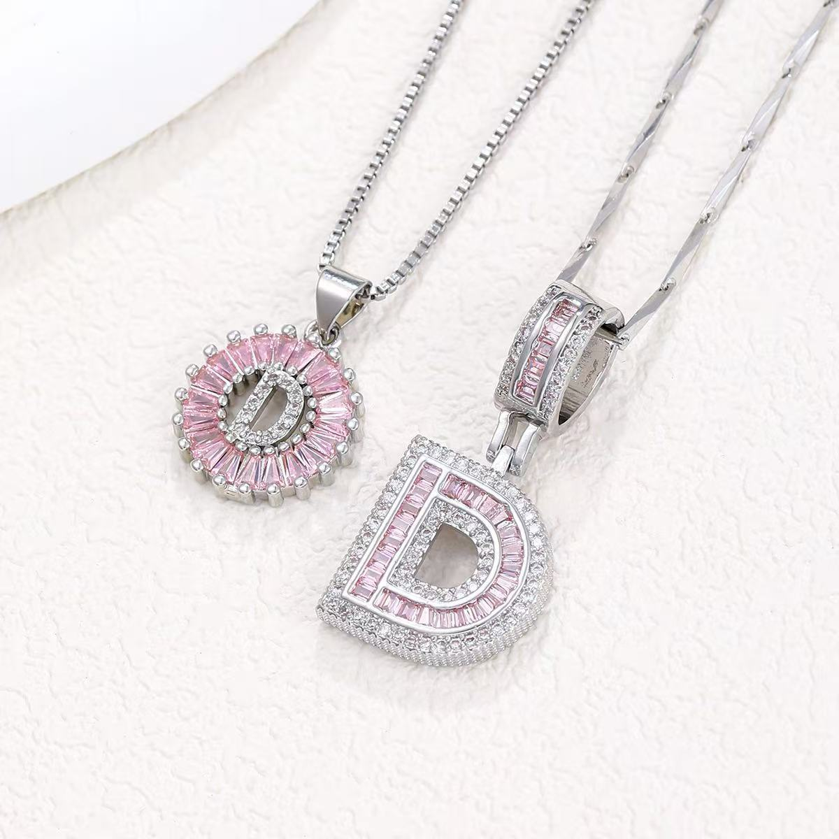 2pc 14k Diamond Letter Initial Necklaces (Limited Pink Edition) in silver