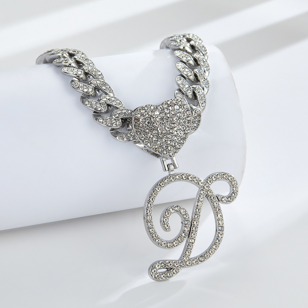 Cursive Diamond Accented Initial Cuban Heart Necklace in silver