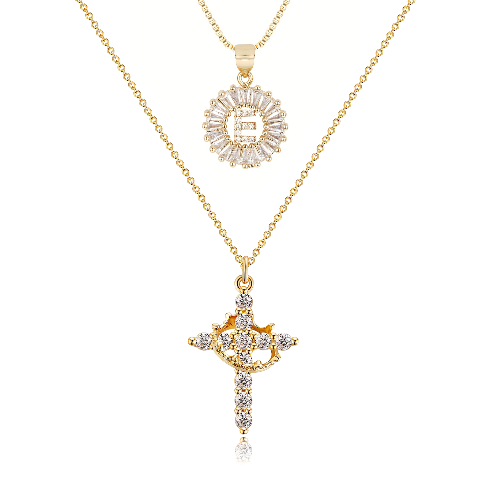 2pc 14k Diamond Cross Crown & Initial Necklace Set