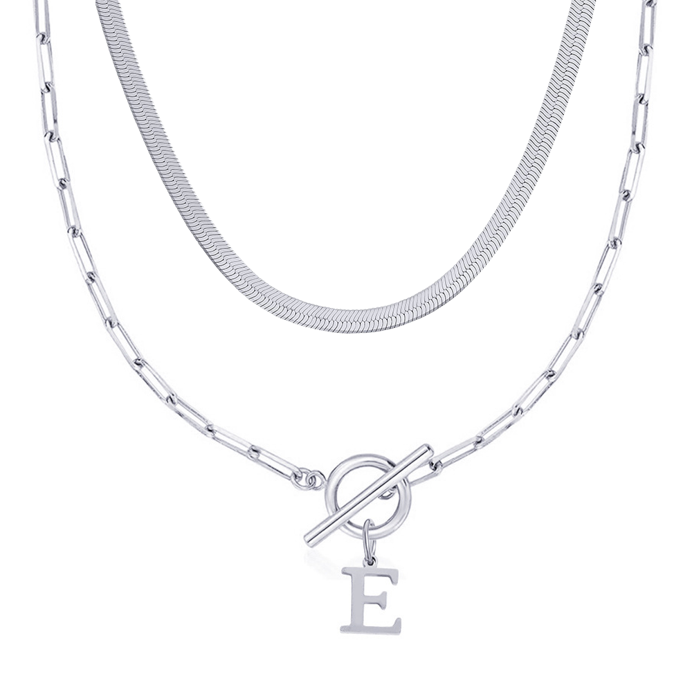 2pc paperclip initial toggle clasp herringbone necklace set