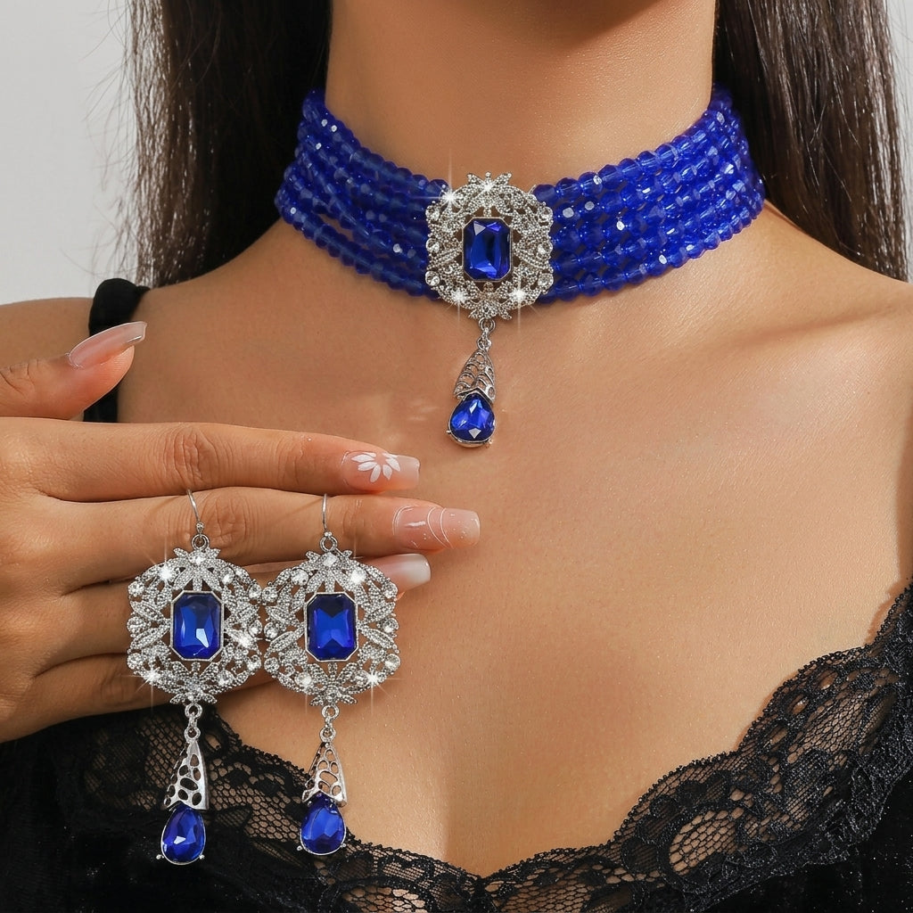 Beaded Crystal Necklace & Earrings Set in blue silver