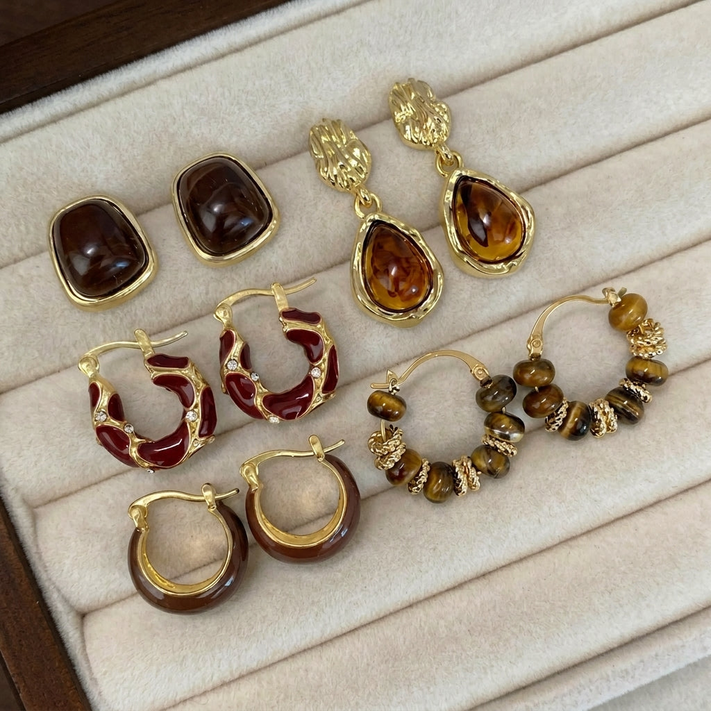 4x Tiger Eye Enamel Earrings Sets