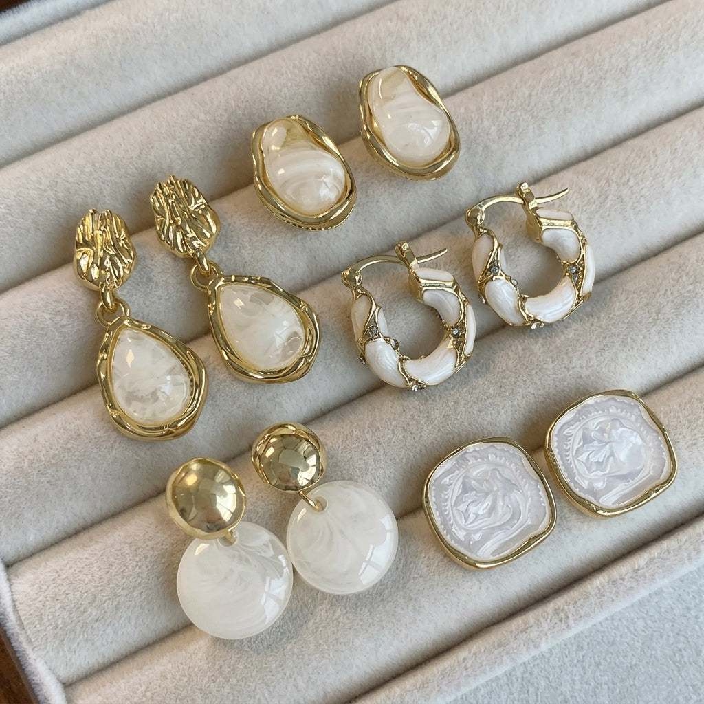 5x White & Gold Enamel Earrings Sets