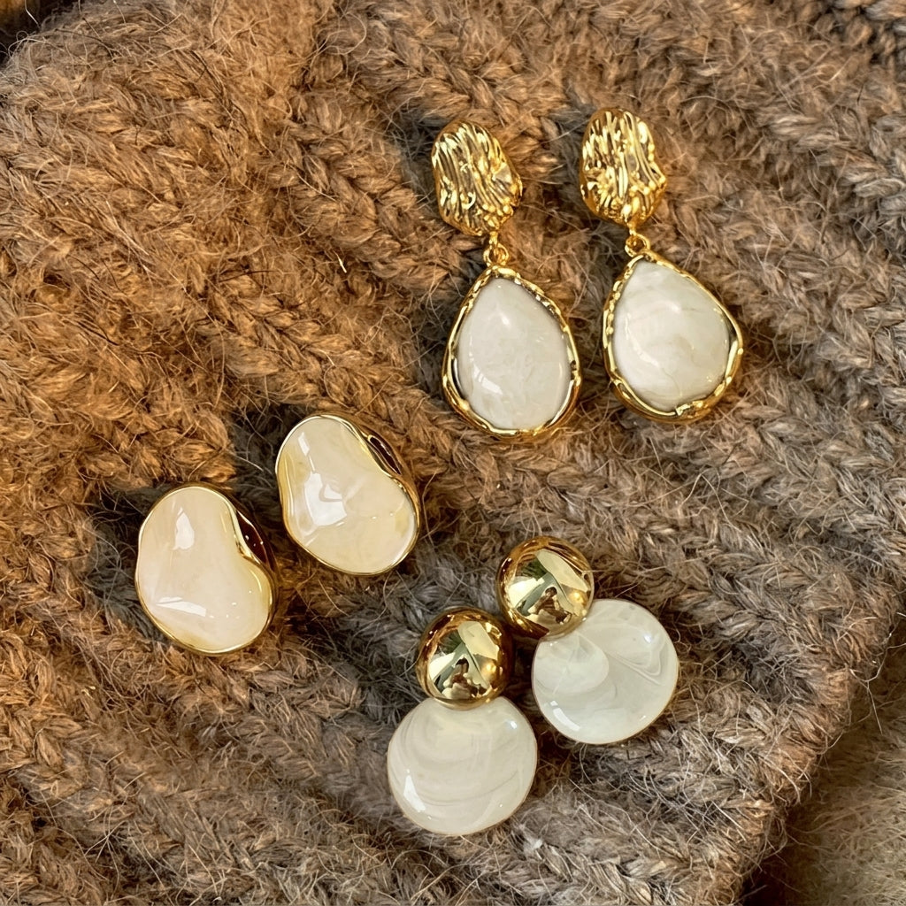 5x White & Gold Enamel Earrings Sets
