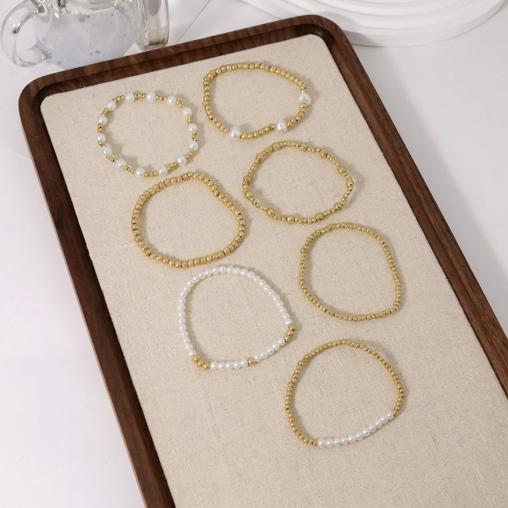 7pc Pearl & Gold Adjustable Bracelet Stack