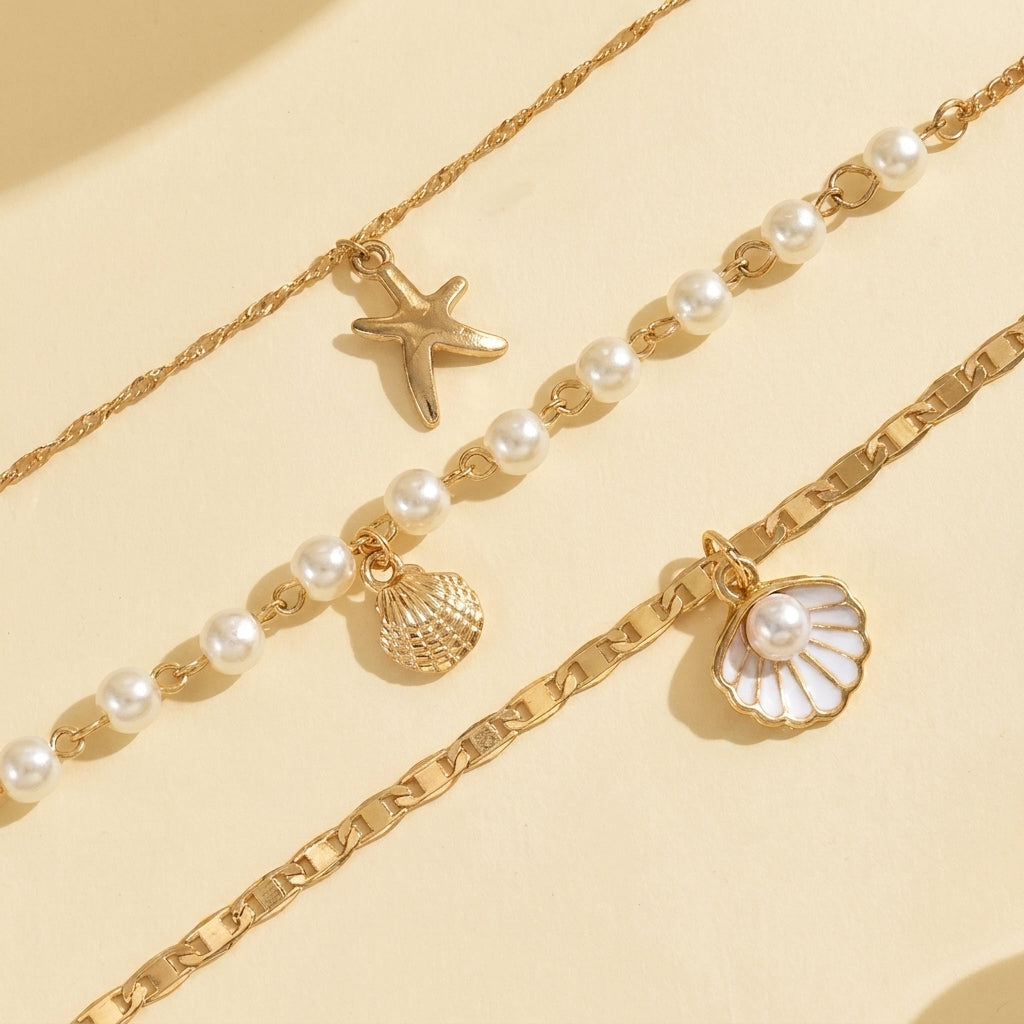 3pc Boho Starfish & Shell Layered Necklace Stack