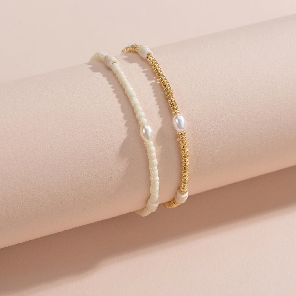 2pc Gold & White Beaded Anklet Stack