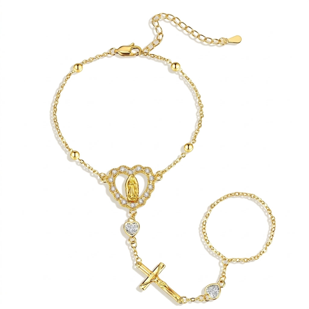14k Virgin Mary & Jesus Christ Heart Cross Hand Chain in gold