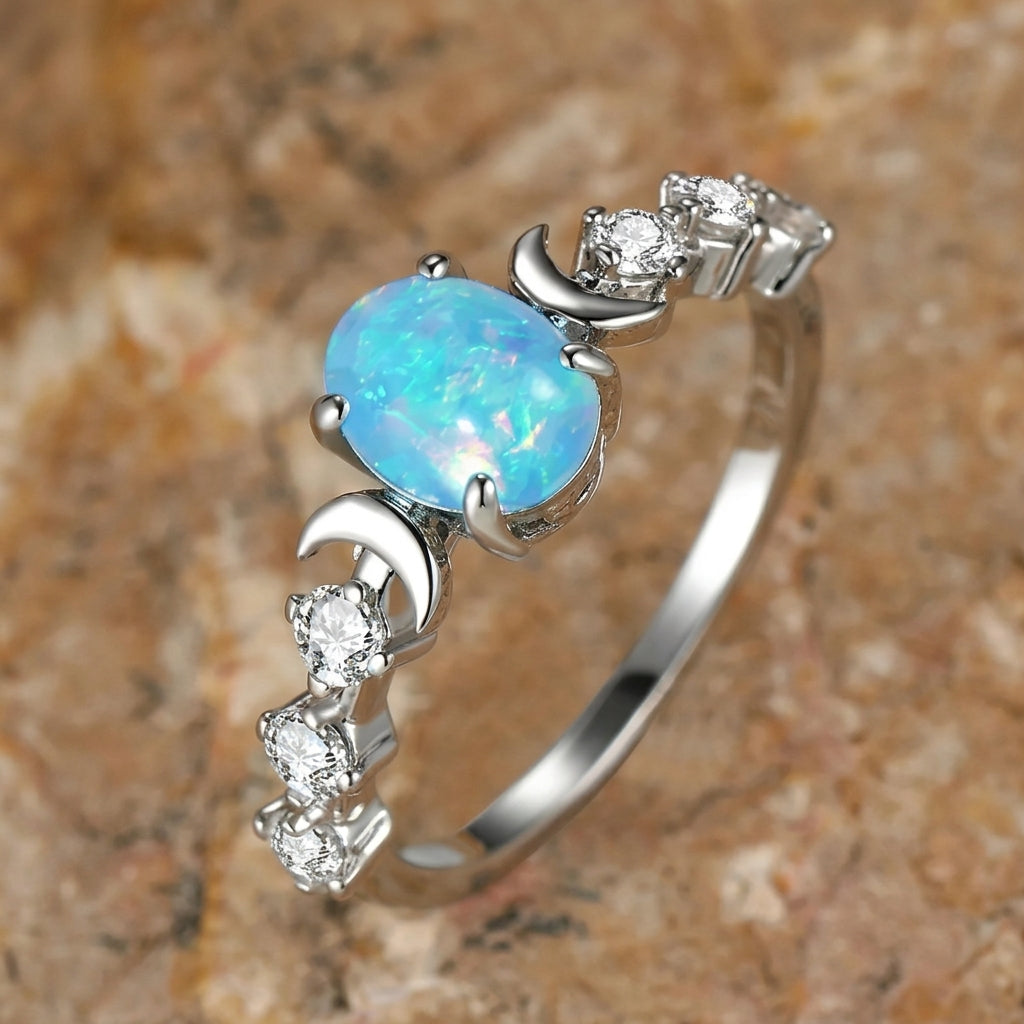 Crescent Moon Opal Center Ring in silver