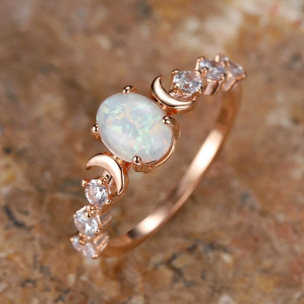 Crescent Moon Opal Center Ring in rose gold