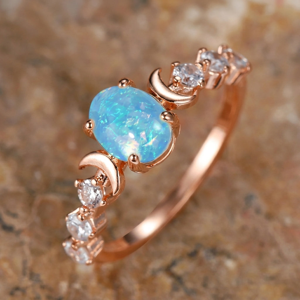 Crescent Moon Opal Center Ring in rose gold