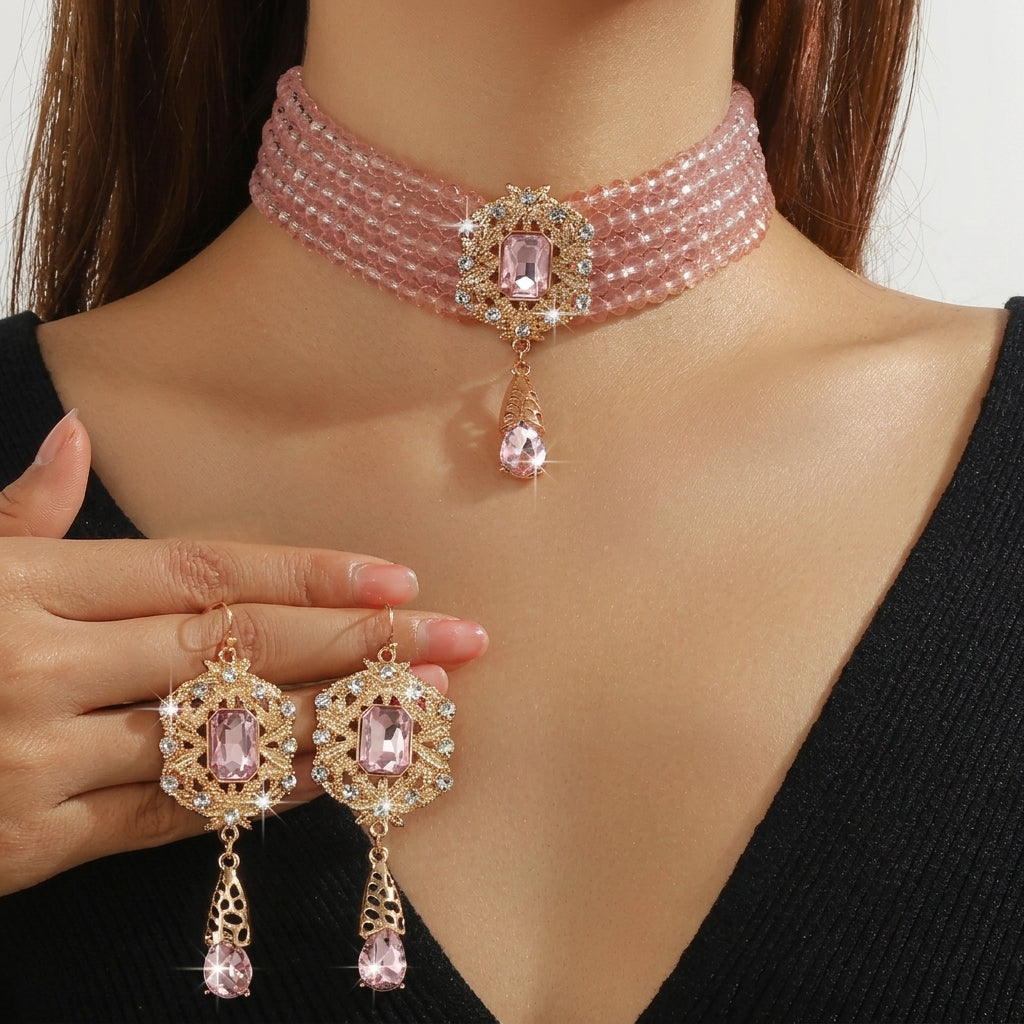 Beaded Crystal Necklace & Earrings Set in pink gold