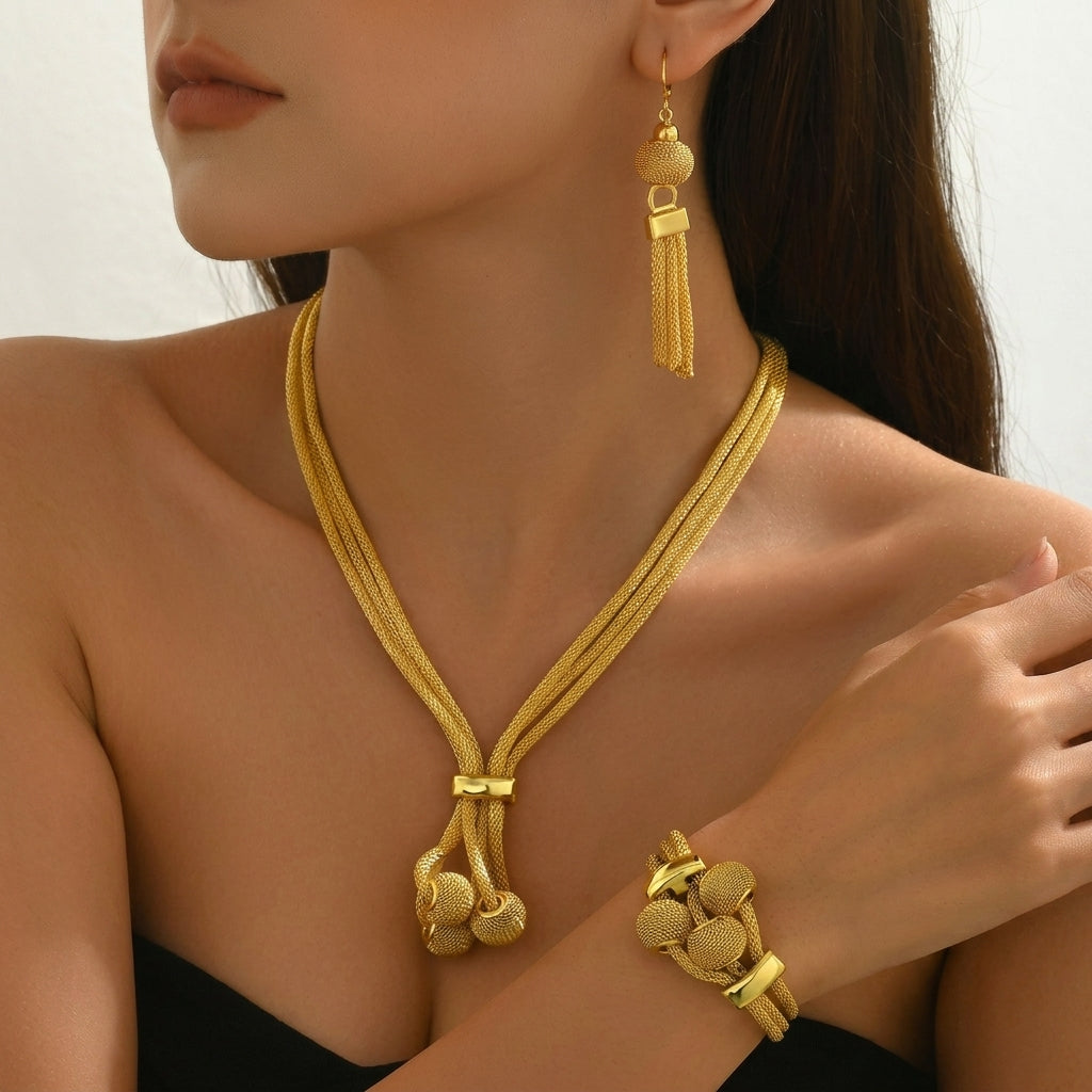 3pc Tassel Sphere Necklace, Bracelet, Earrings Set