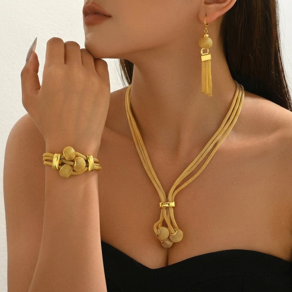 3pc Tassel Sphere Necklace, Bracelet, Earrings Set