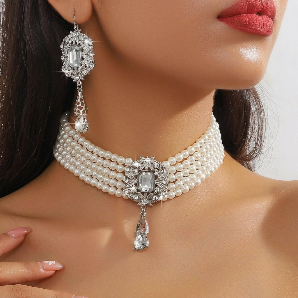 Beaded Crystal Necklace & Earrings Set in white silver